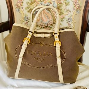 AUTHENTIC PRADA logo convertible tote canvas with leather medium